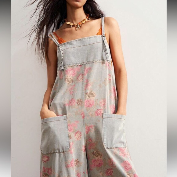 Floral denim jumpsuit blue Wash overalls pockets flowers - Picture 5 of 6